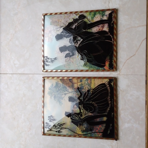 2 Vintage Silhouette Paintings On Convex Bubble Glass 4 X 5 - Picture 2 of 3